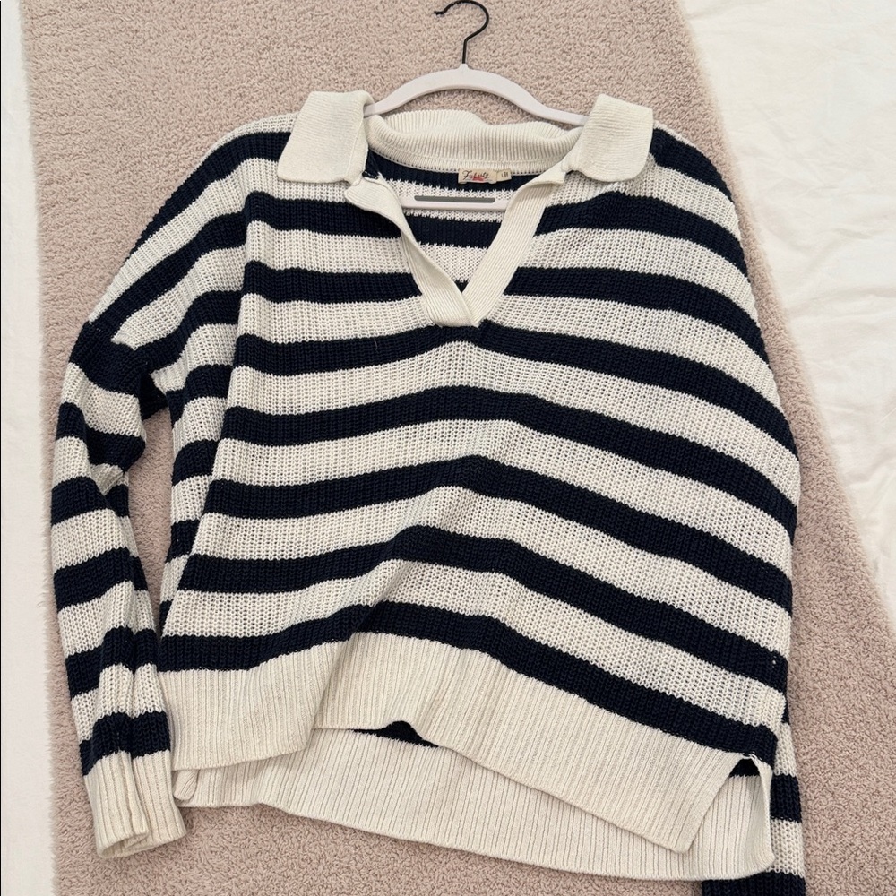 Faherty Navy and Cream Striped V-Neck Sweater